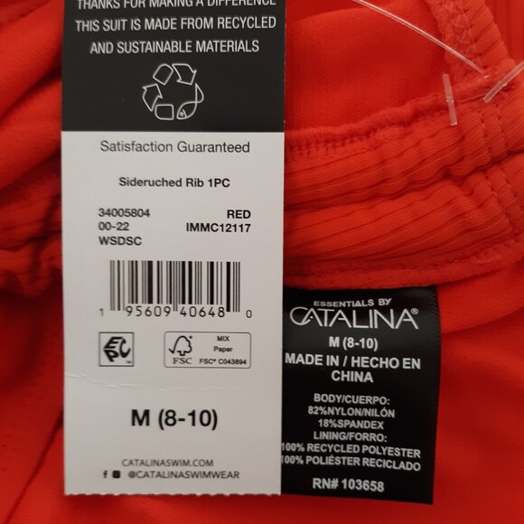 Catalina One Piece Swimsuit Side Ruched Adjustable Rib Knit Red Orange M 8-10 - Picture 6 of 7